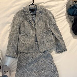 BCBGMaxAzria Blue, Silver and Tan Elgant Tweed Blazer and Skirt Set